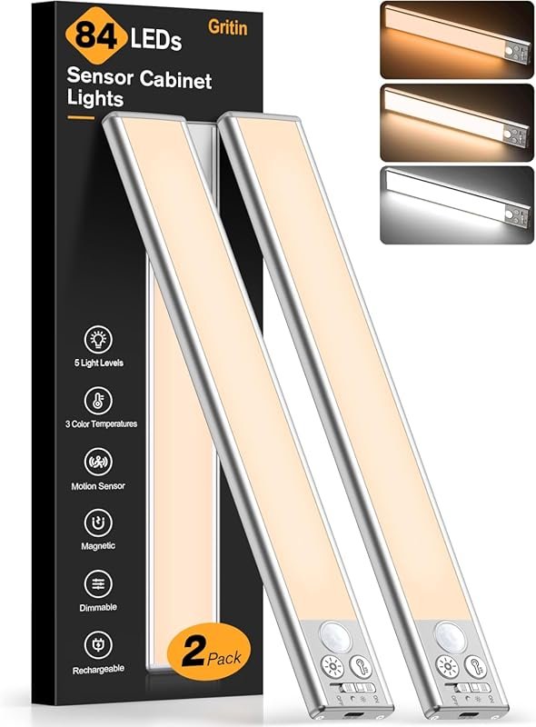 Gritin 10.2‑inch Rechargeable Under‑Cabinet Lights – 2‑Pack, 3 Color T