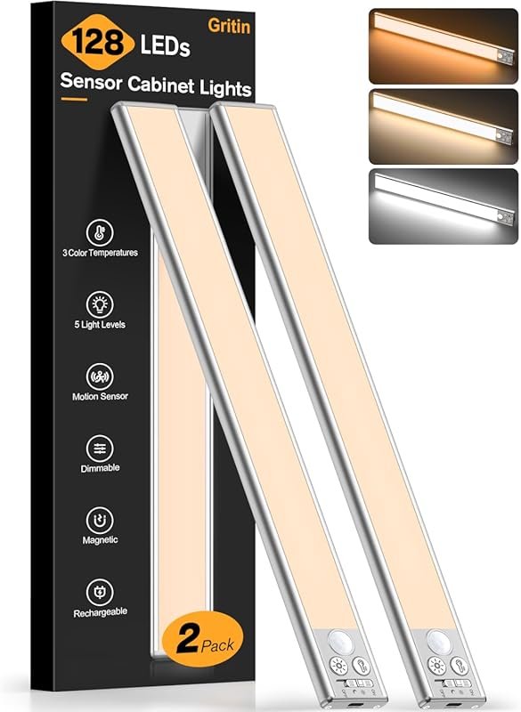 Gritin 14.7‑inch Under‑Cabinet Lights – 2‑Pack Rechargeable, 3 Color T